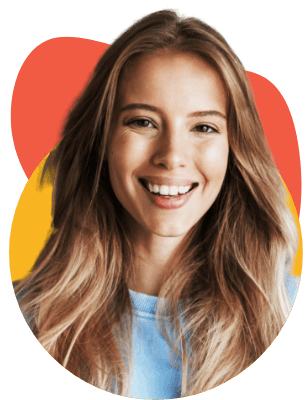 Smiling young woman with long hair against colorful backdrop.
